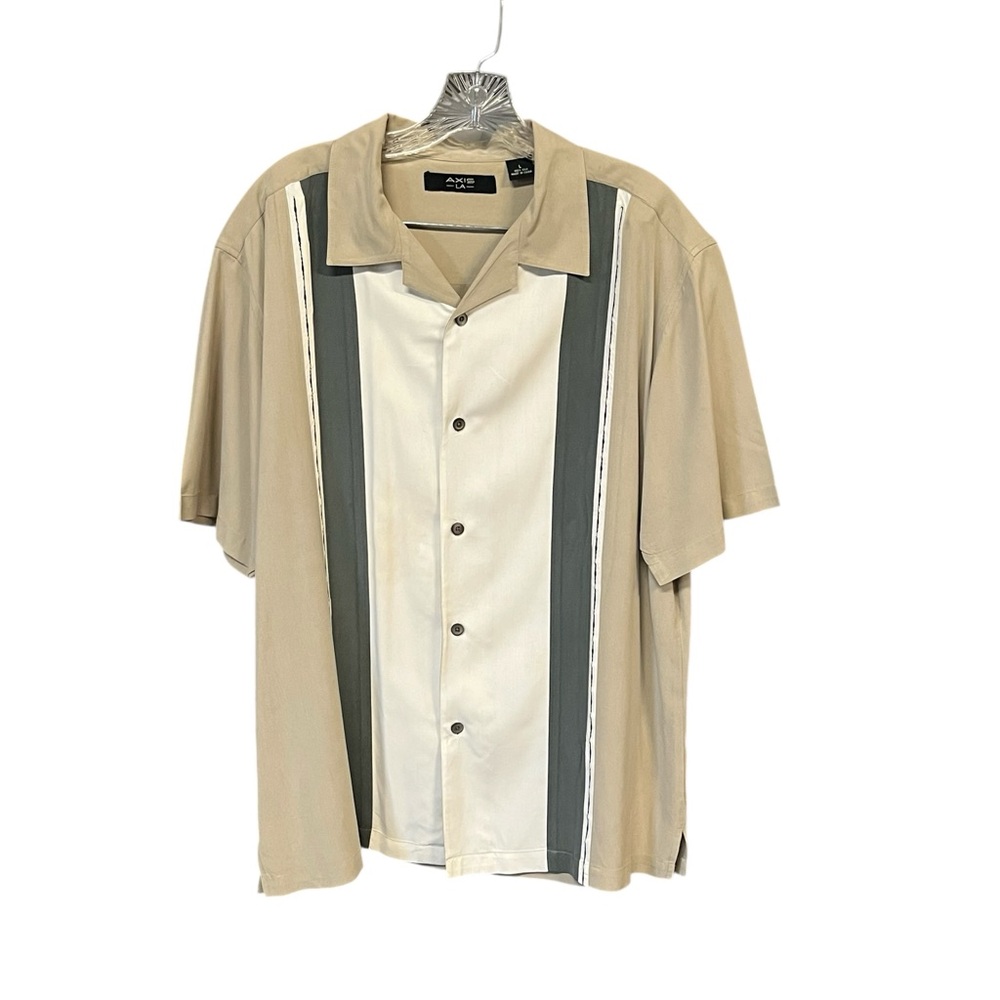 Axis LA silk shirt men L beige neutral short sleeve button up dressy casual